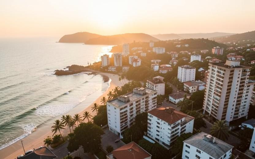 Vista aérea de bairro residencial no litoral ao amanhecer