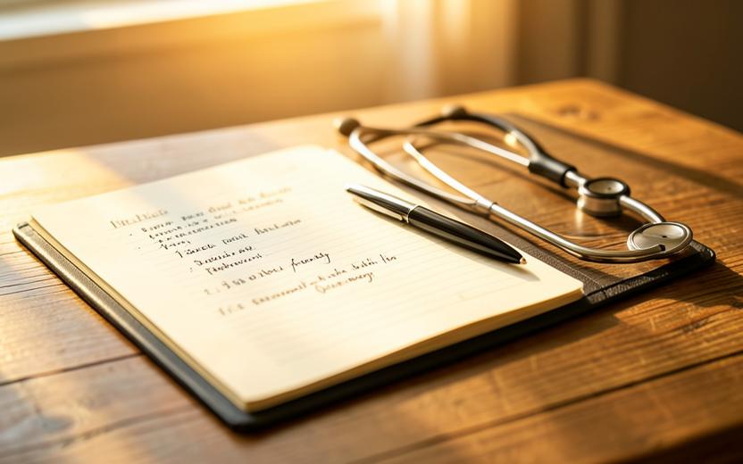Prontuário médico e estetoscópio sobre mesa em luz suave